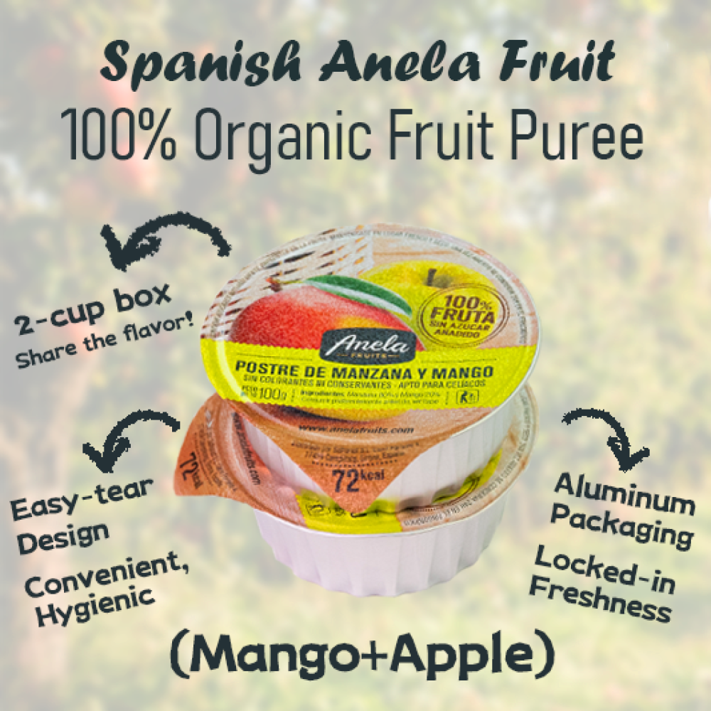 【西班牙直送】Anela Fruit 100%有機果蓉(蘋果+芒果)一盒兩杯入 【Imported from Spain】Anela 100% organic Fruit Puree (Apple + Mango) 2-pc Cup Set
