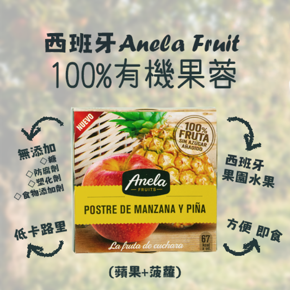 【西班牙直送】Anela Fruit 100%有機果蓉(蘋果+菠蘿)一盒兩杯入 【Imported from Spain】Anela 100% organic Fruit Puree (Apple+Pineapple) 2-pc Cup Set